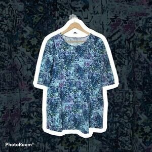 J. Jill Purejill Women's Medium Printed Wrap Tunic Stretch Knit Blue Half Sleeve